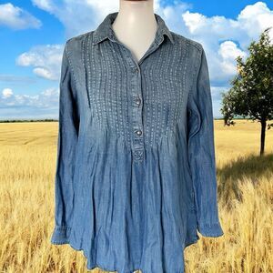 American Eagle Shirt Womens S Blue Jegging Fit Chambray Long Sleeve Tunic Top